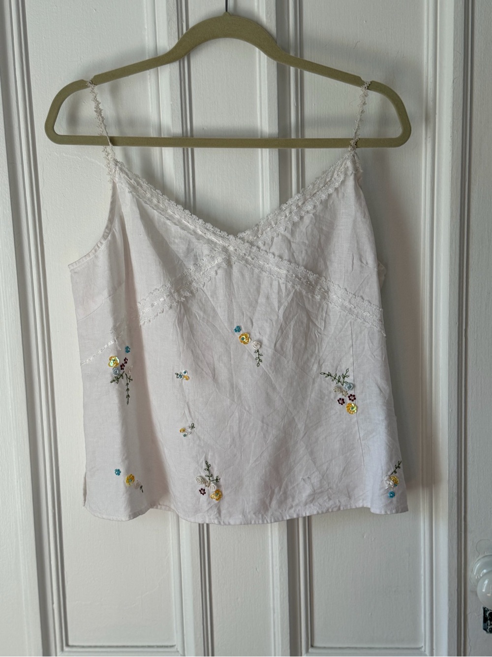 Women’s Malcolm & Co Irish Linen White Camisole Lace Trim Floral Embroidery XL